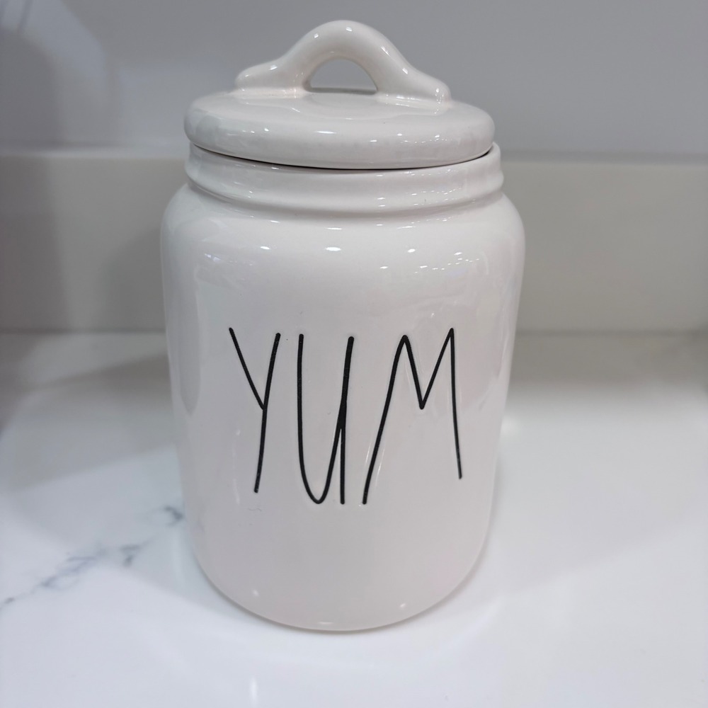 Rae Dunn YUM Ceramic Canister with Lid White‎ Farmhouse Kitchen Jar Magenta 6in